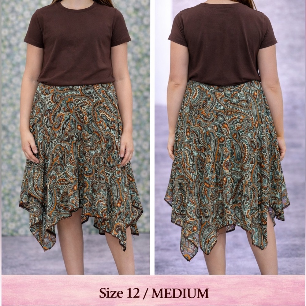 Newport News Brown & Turquoise Paisley Asymmetrical Midi Skirt MEDIUM 30in waist